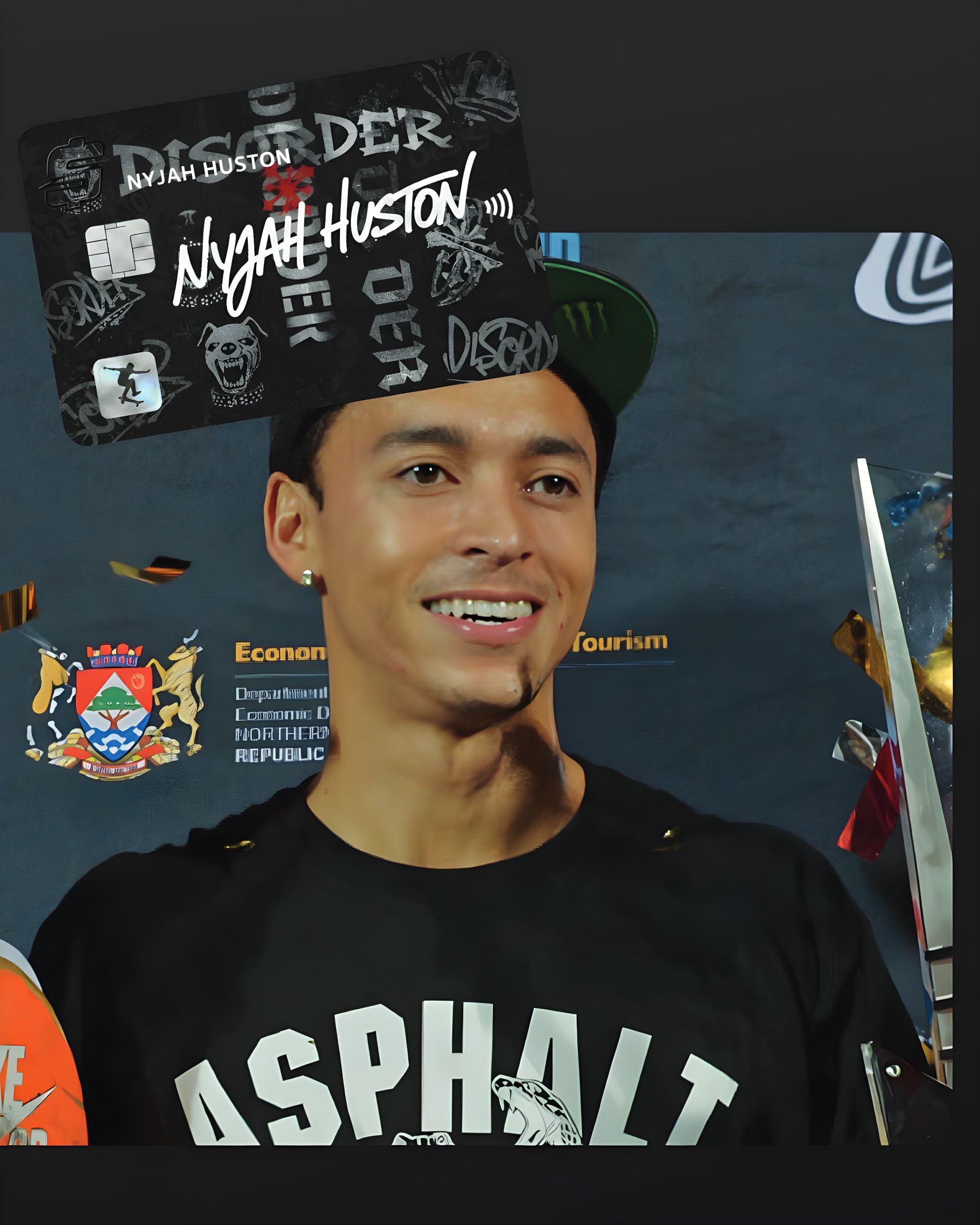 Illustration slide: Nyjah Huston after a contest win, with a personalized card concept